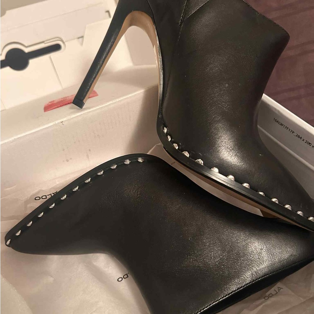 Aldo Black Leather Heeled Boots with Silver Accents